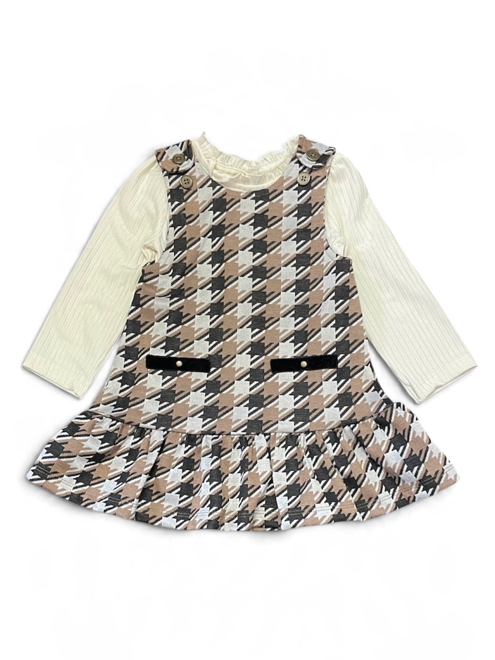TAHARI Houndstooth Pleated Pinafore Dress & Cream Long Sleeve Top Girls size 18M